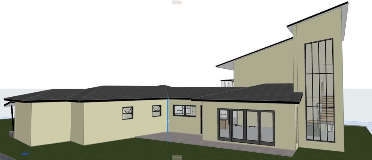The 3D model: double storey with a sloping roof, glass stairwell and pool.