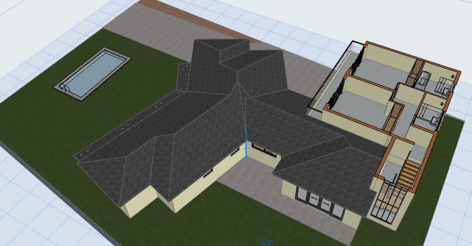 The 3D model from above with the roof removed: double storey with a sloping roof, glass stairwell and pool.
