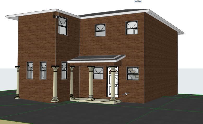 The 3D model: double storey in face brick with balcony and columned porch.