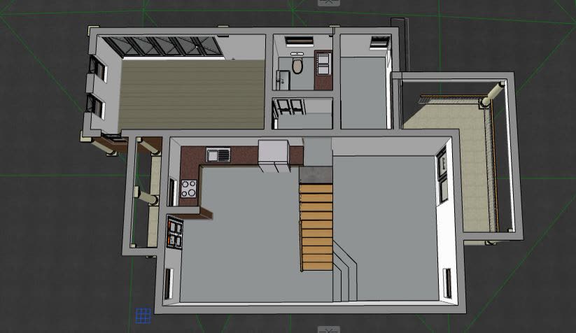The 3D model from above with the roof removed: double storey in face brick with balcony and columned porch.