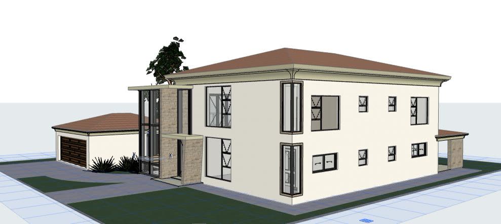 The 3D model: double storey with glazed stair tower, stone cladding and pool.