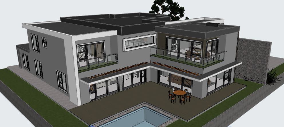 The 3D model: double storey with flat roofs, stone feature wall, balconies and pool.