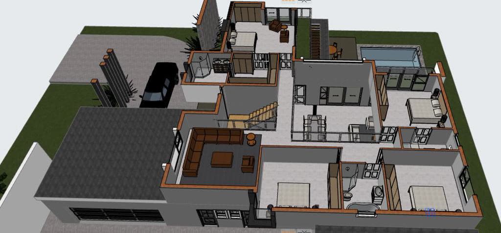 The 3D model from above with the roof removed: double storey with flat roofs, stone feature wall, balconies and pool.