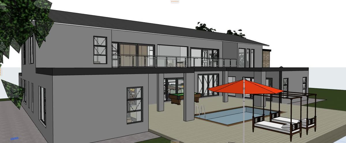 The 3D model: double storey with first floor balcony, double garage and pool.