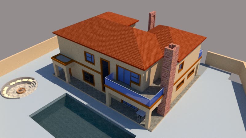 The 3D model: double storey under a tiled roof with glass balconies and pool.