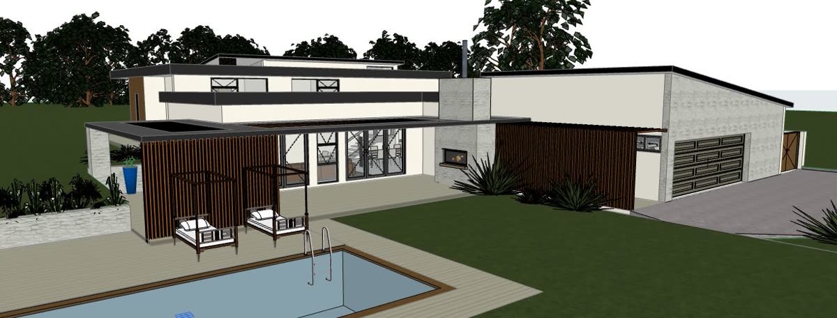 The 3D model: single storey flat roof home with pool, pergolas and double garage.