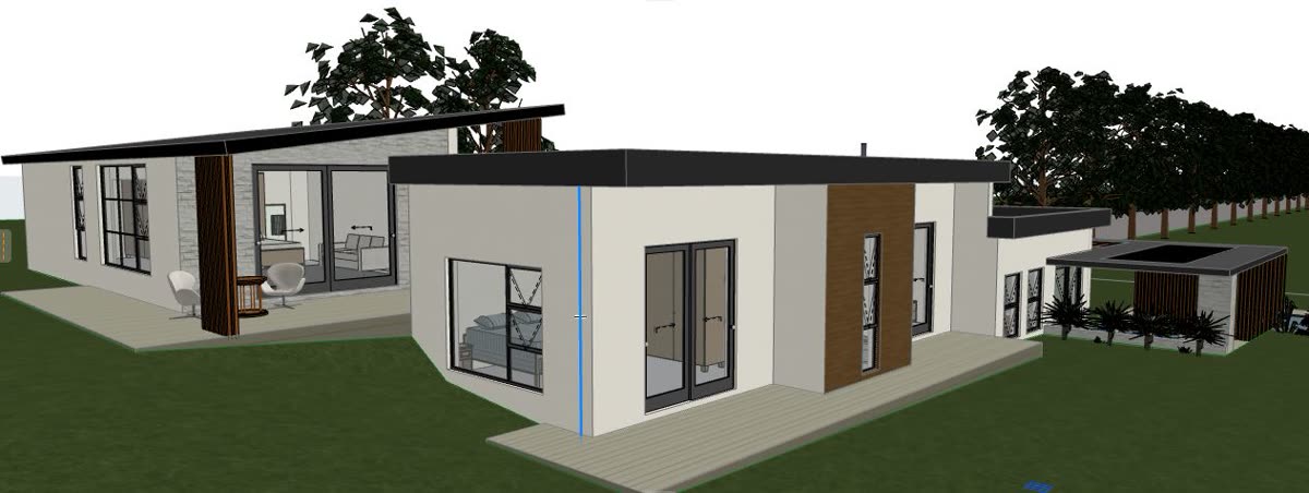 The 3D model: single storey flat roof home with pool, pergolas and double garage.