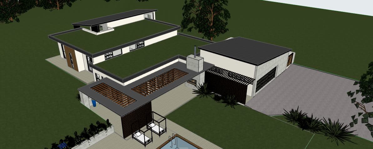 The 3D model from above: single storey flat roof home with pool, pergolas and double garage.
