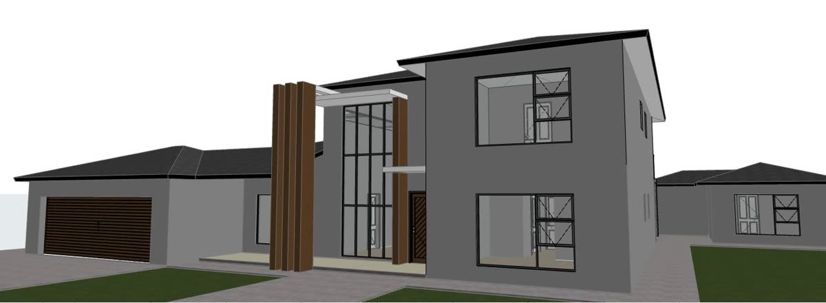 The 3D model: double storey with timber entrance screen and rear pool.