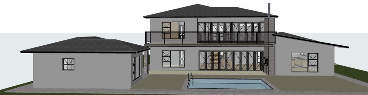 The 3D model: double storey with timber entrance screen and rear pool.
