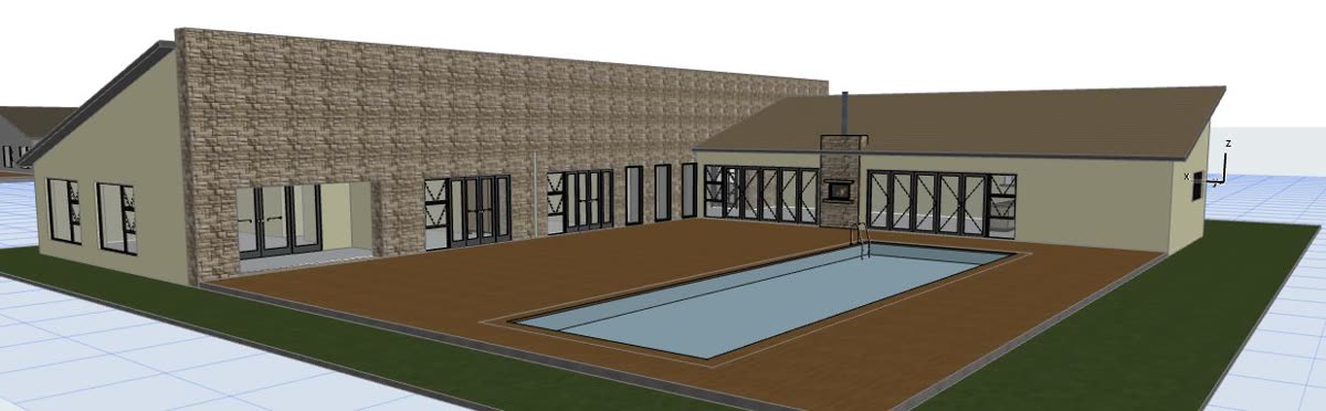 The 3D model: single storey with mono pitch roof, stone wall and lap pool.