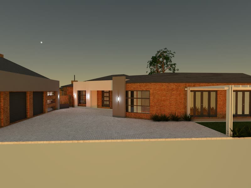 The 3D model: single storey face brick home with triple garage and paved courtyard.