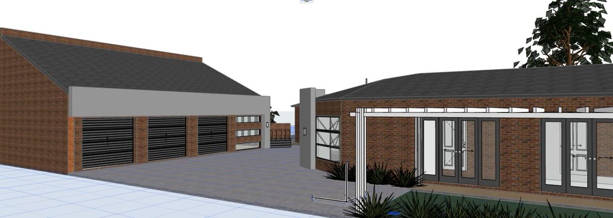 The 3D model: single storey face brick home with triple garage and paved courtyard.