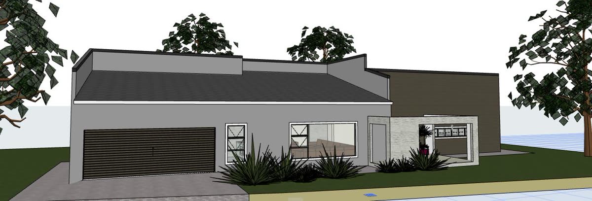 The 3D model: single storey with mono-pitch roofs, timber slat patio and garage.