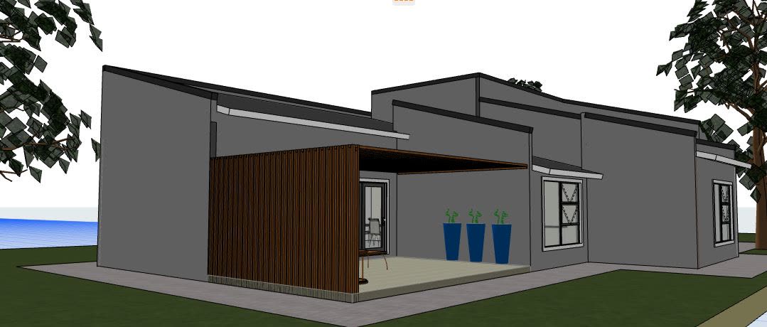 The 3D model: single storey with mono-pitch roofs, timber slat patio and garage.