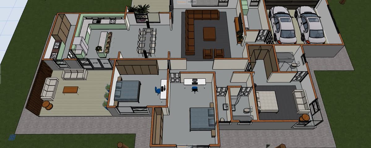 The 3D model from above with the roof removed: single storey with mono-pitch roofs, timber slat patio and garage.