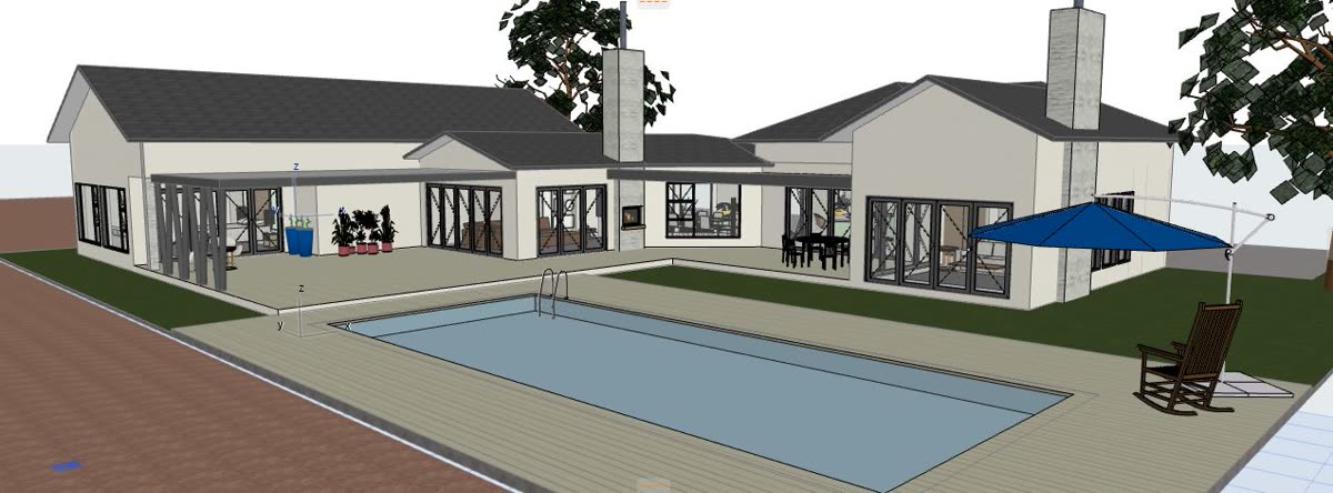 The 3D model: single storey gabled farmhouse with pool and covered patio.