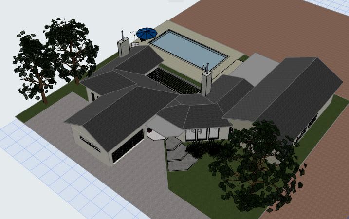 The 3D model from above: single storey gabled farmhouse with pool and covered patio.