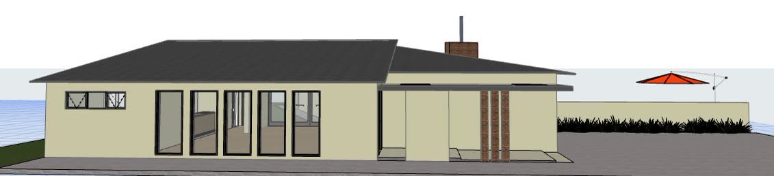 The 3D model: single storey with twin mono pitch roofs and brick chimney.