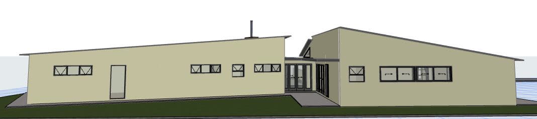 The 3D model: single storey with twin mono pitch roofs and brick chimney.