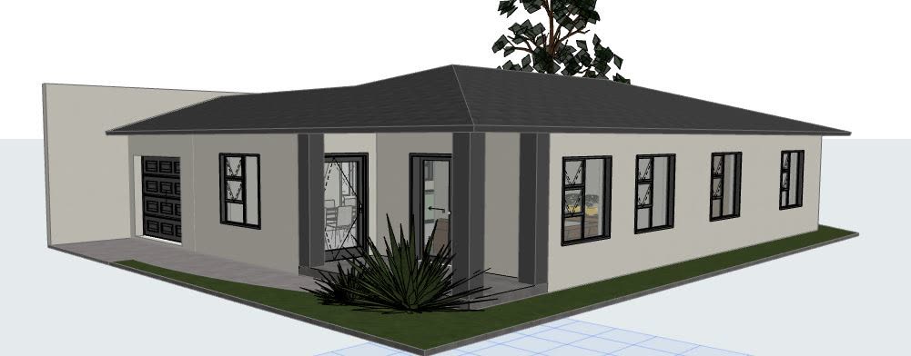 The 3D model: single storey family home under a hipped tiled roof with garage.