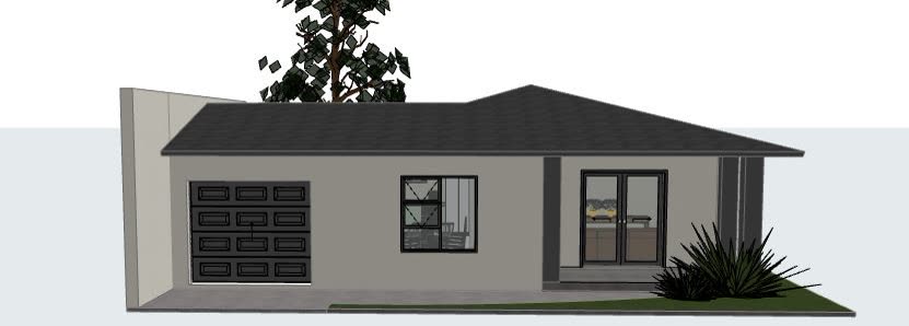 The 3D model: single storey family home under a hipped tiled roof with garage.