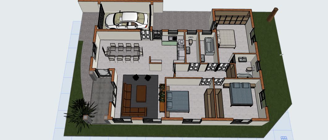 The 3D model from above with the roof removed: single storey family home under a hipped tiled roof with garage.