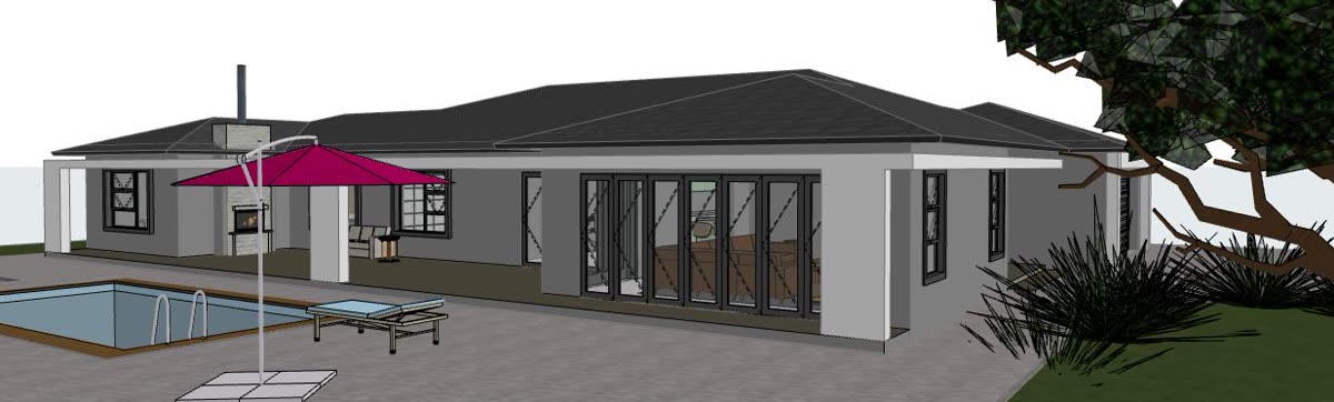 The 3D model: single storey with hipped roof, double garage, pool and covered patio.