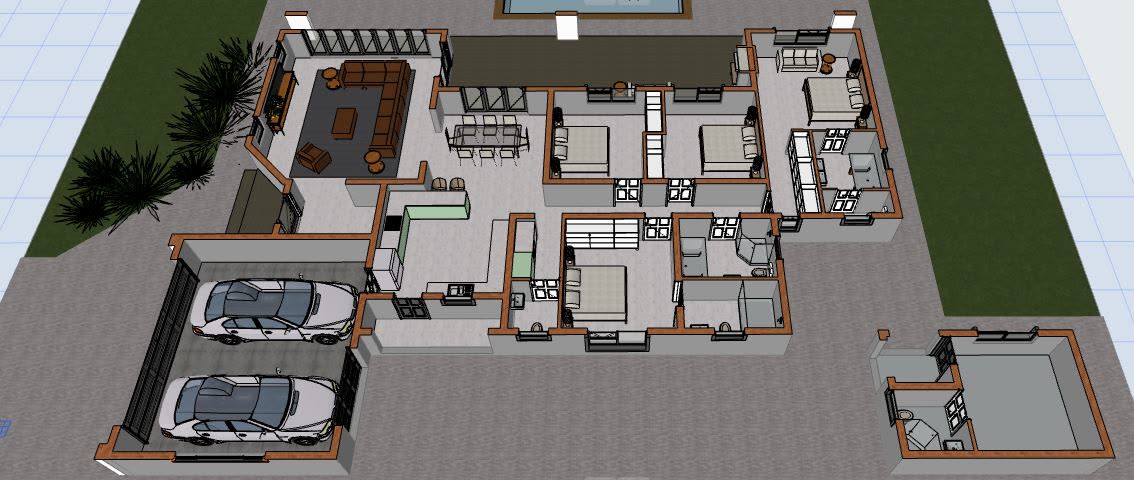 The 3D model from above with the roof removed: single storey with hipped roof, double garage, pool and covered patio.