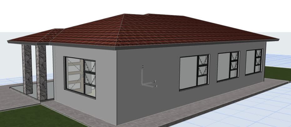 The 3D model: compact single storey with tiled hip roof and stone entrance pillars.