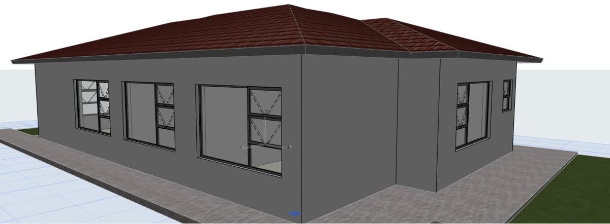 The 3D model: compact single storey with tiled hip roof and stone entrance pillars.