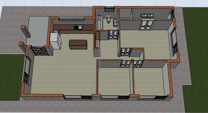 The 3D model from above with the roof removed: compact single storey with tiled hip roof and stone entrance pillars.