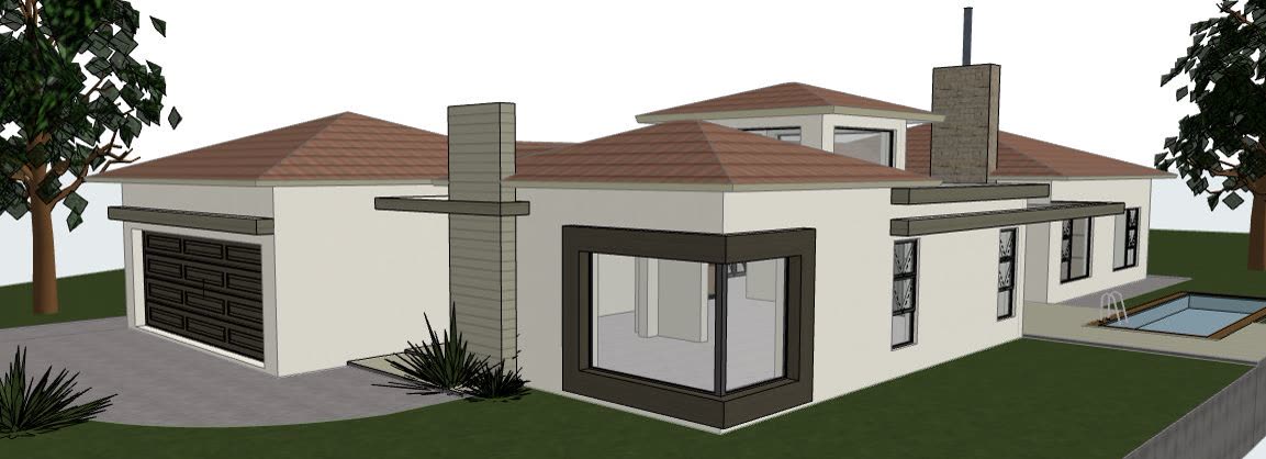 The 3D model: single storey with hipped tiled roof, raised lantern and pool.