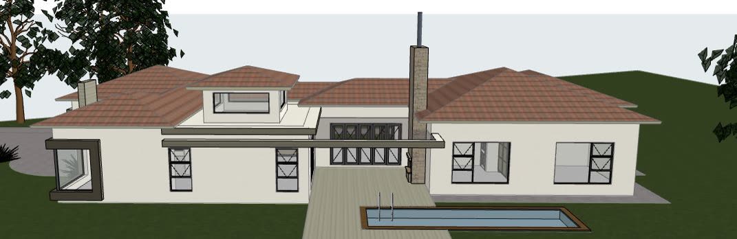 The 3D model: single storey with hipped tiled roof, raised lantern and pool.