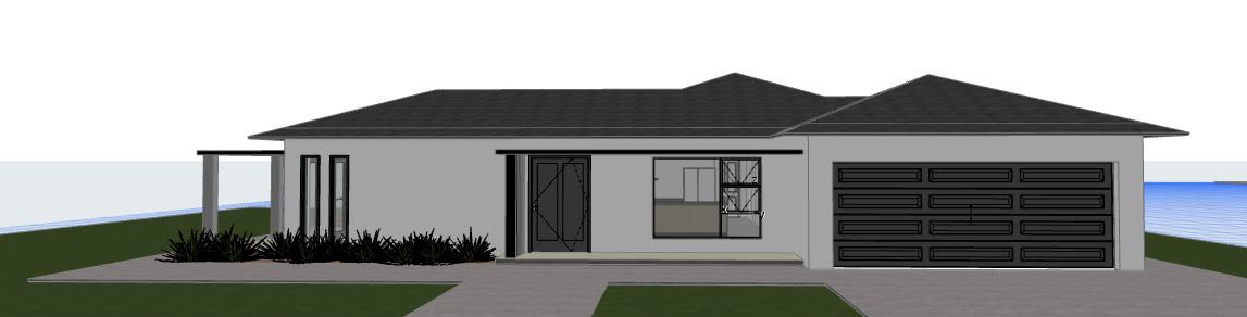 The 3D model: single storey with dark hip roof, covered patio and pool.