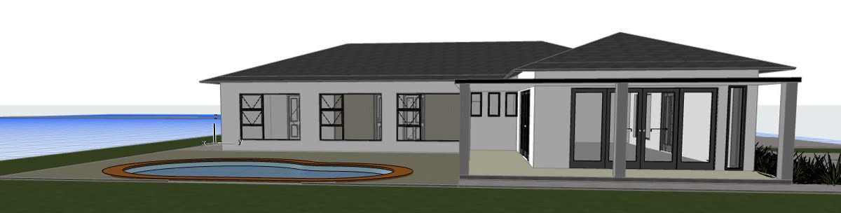 The 3D model: single storey with dark hip roof, covered patio and pool.
