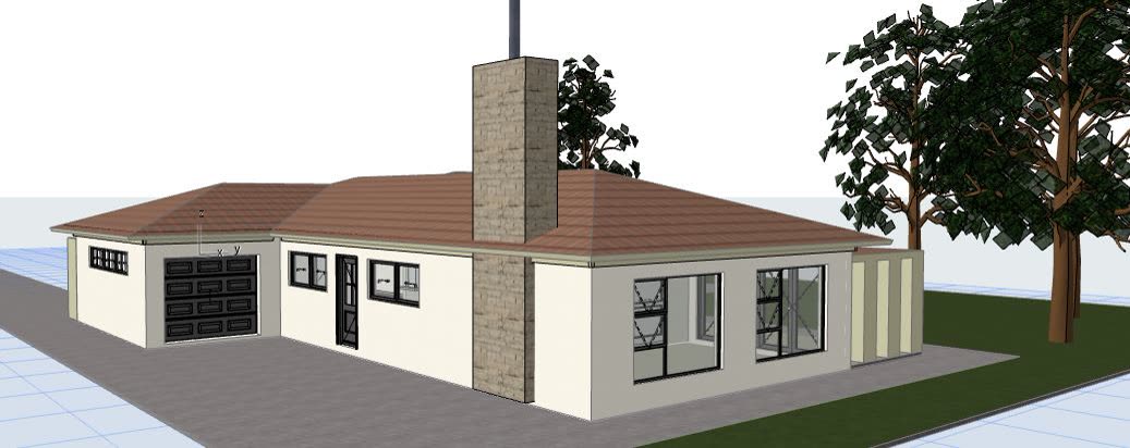The 3D model: single storey with tiled hip roof, double garage and chimney.