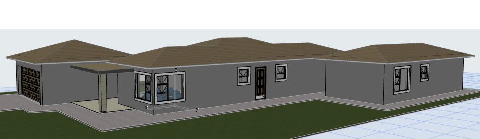 The 3D model: long single storey with hipped roofs and a front double garage.