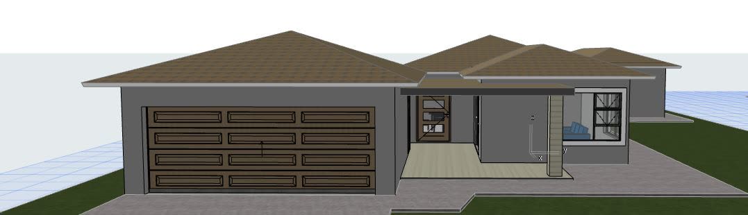 The 3D model: long single storey with hipped roofs and a front double garage.