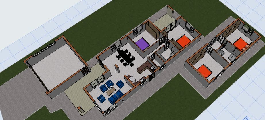 The 3D model from above with the roof removed: long single storey with hipped roofs and a front double garage.