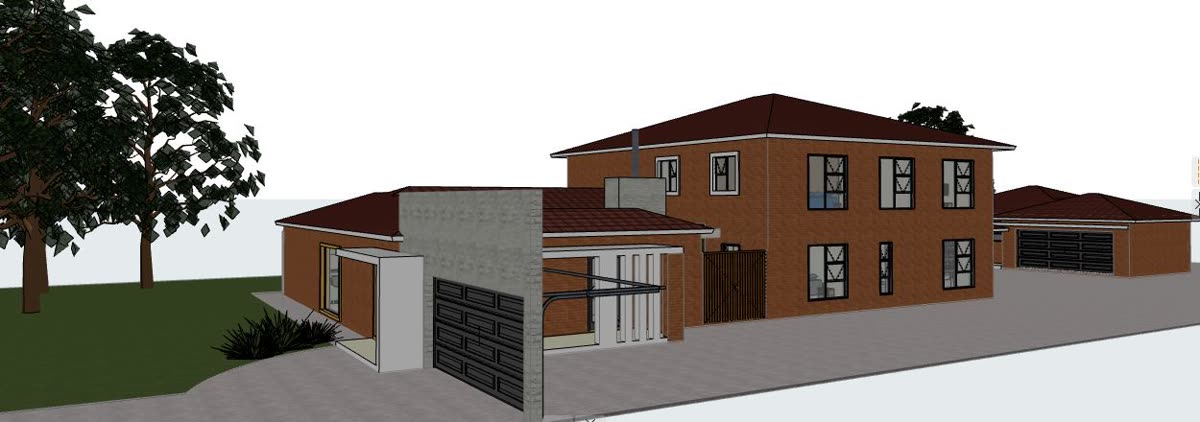 The 3D model: double storey in face brick with a covered patio.