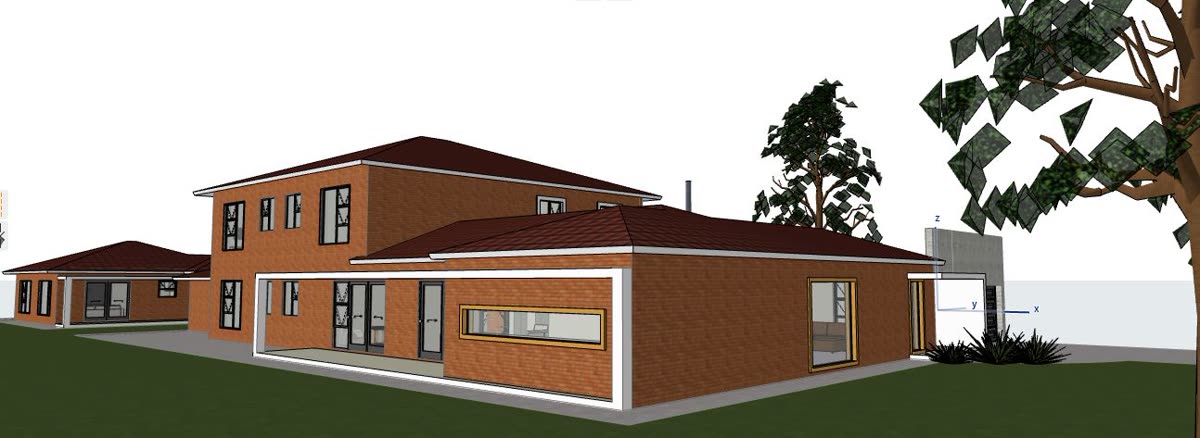 The 3D model: double storey in face brick with a covered patio.