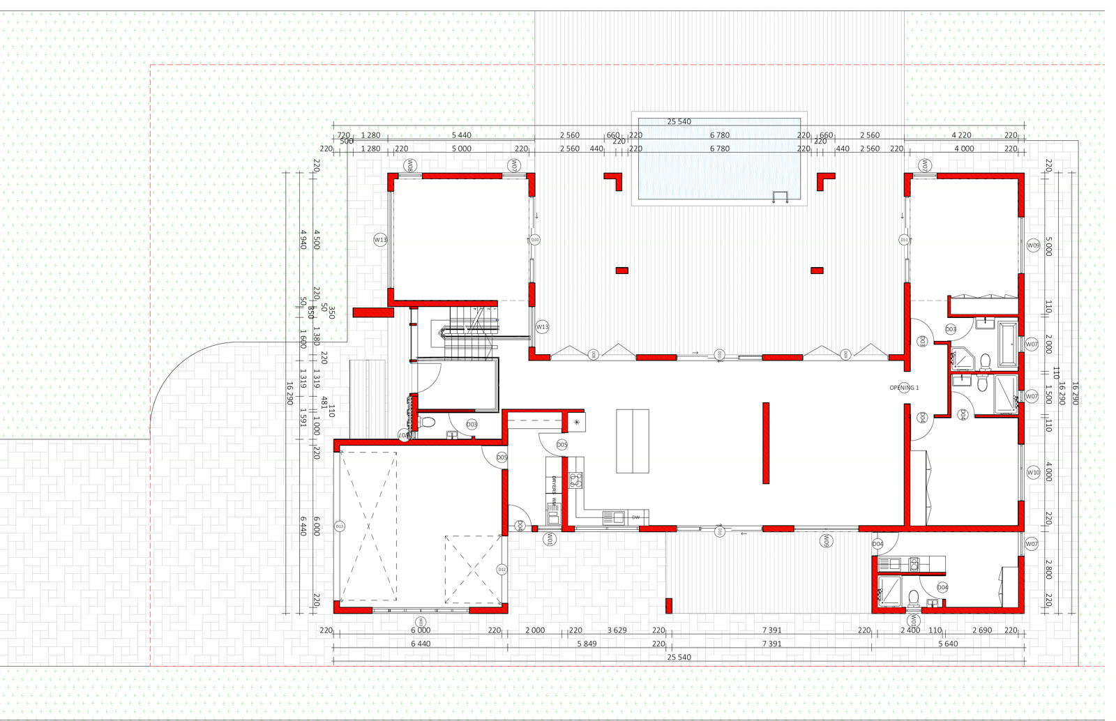 A measured ground floor plan with dimensions along every wall and furniture drawn in the rooms.