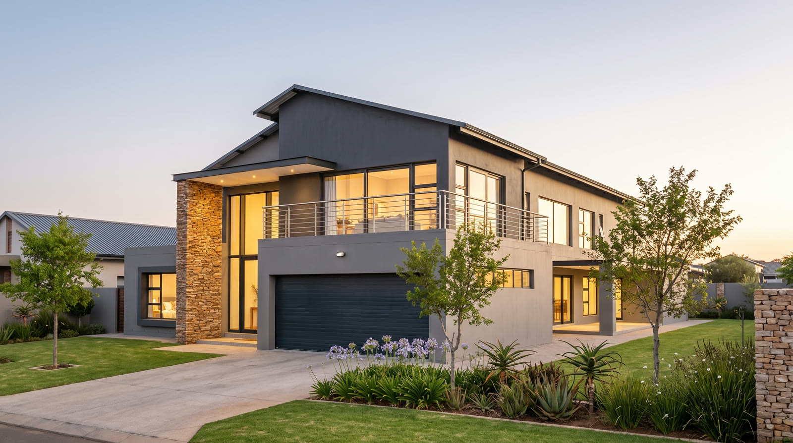 Photoreal view of the finished double storey home at golden hour.