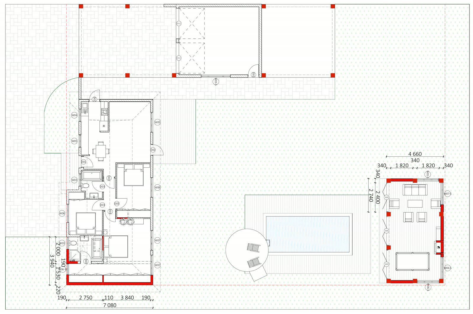Measured plan of the house, the additions and the pool.