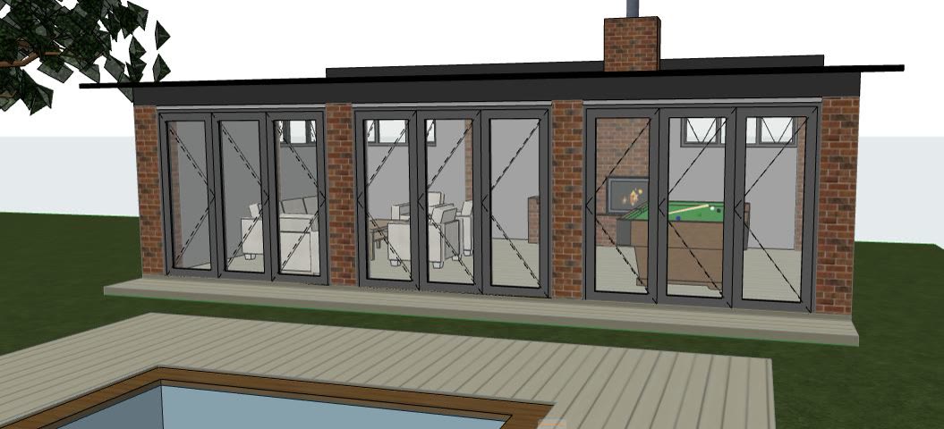 The 3D model of the entertainment room, pool and deck.