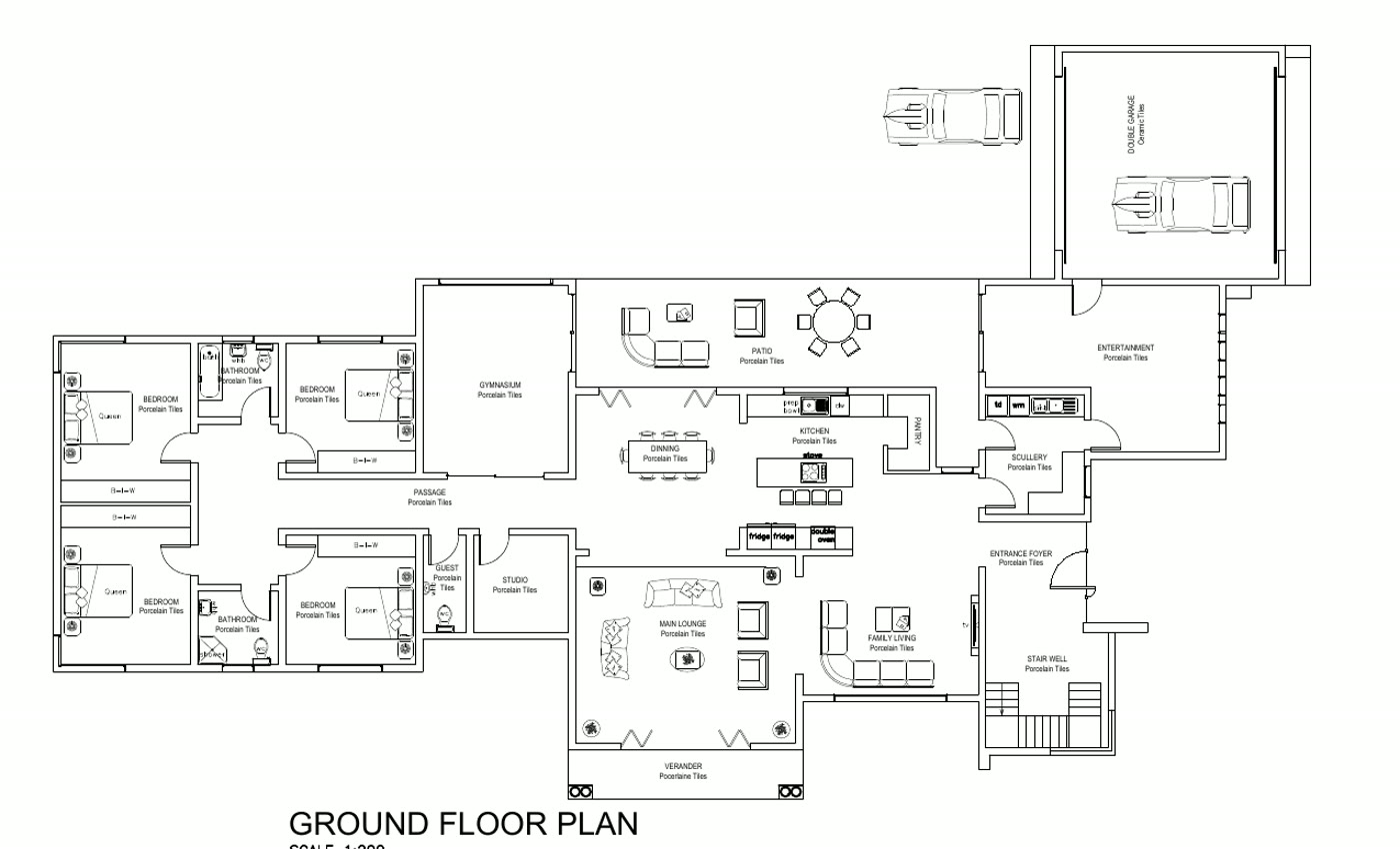 Ground floor plan with furniture drawn in every room.