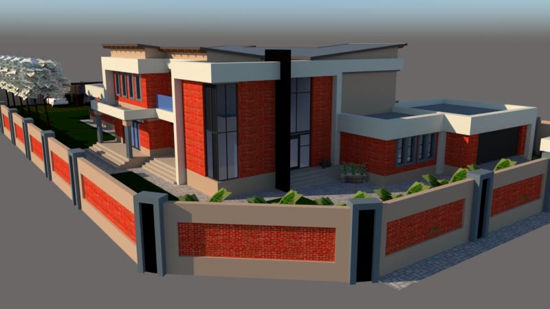 The 3D model of the double storey face brick home from the street.